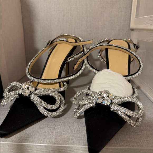MACH & MACH Shoes - MACH & MACH Black Satin Pointed-Toe Heels with Crystal Bow